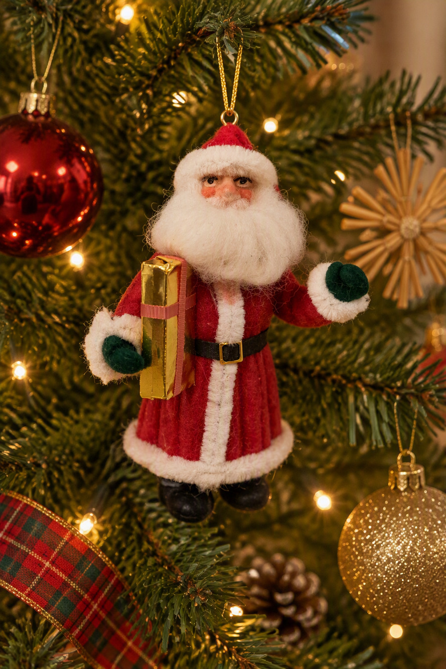 SANTA CLAUS Vintage Christmas Plastic Fuzzy Flocked Figure Ornament Chenille 5"